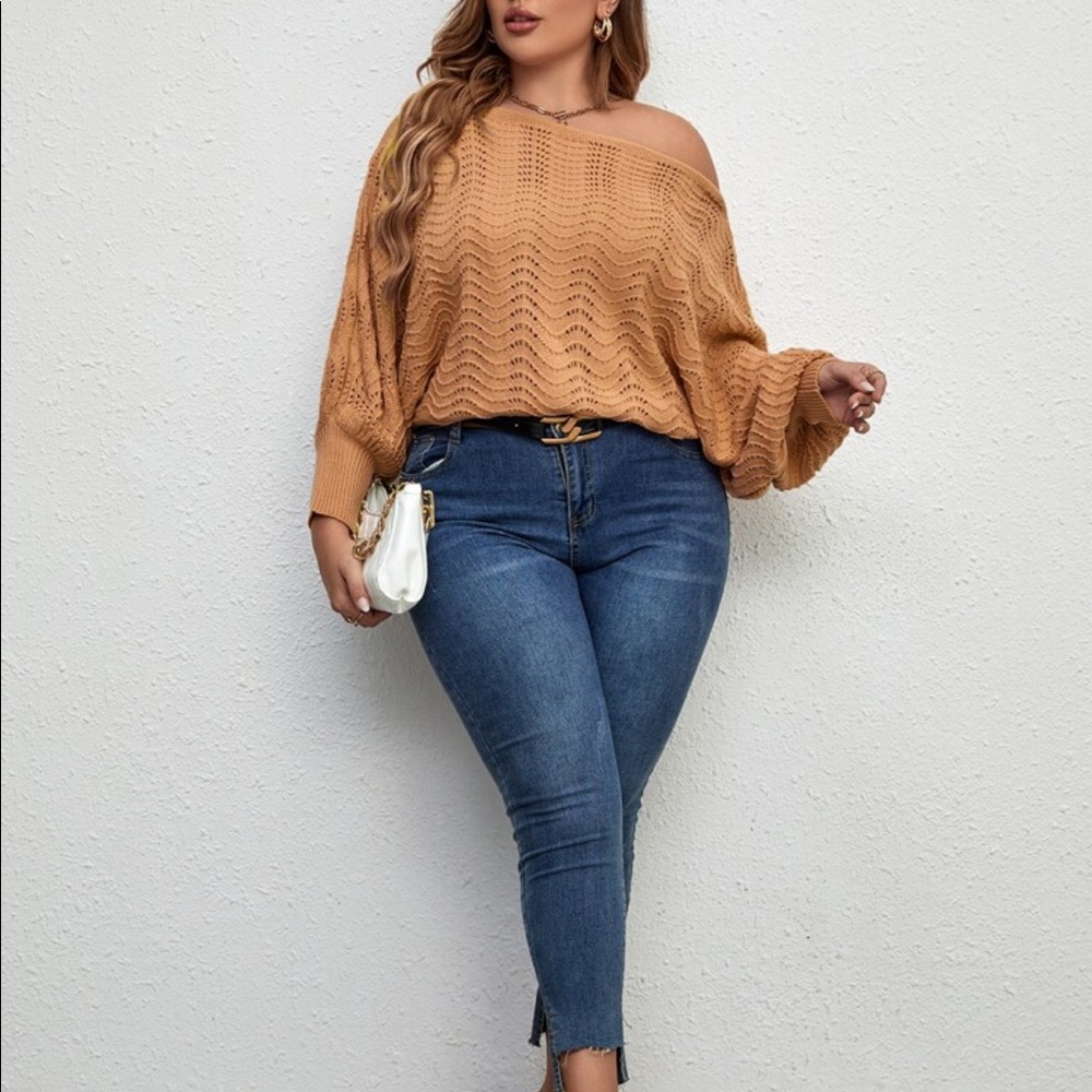 Plus Off Shoulder Asymmetrical Neck Batwing Cuff Sleeve Sweater Top - Picture 13 of 13